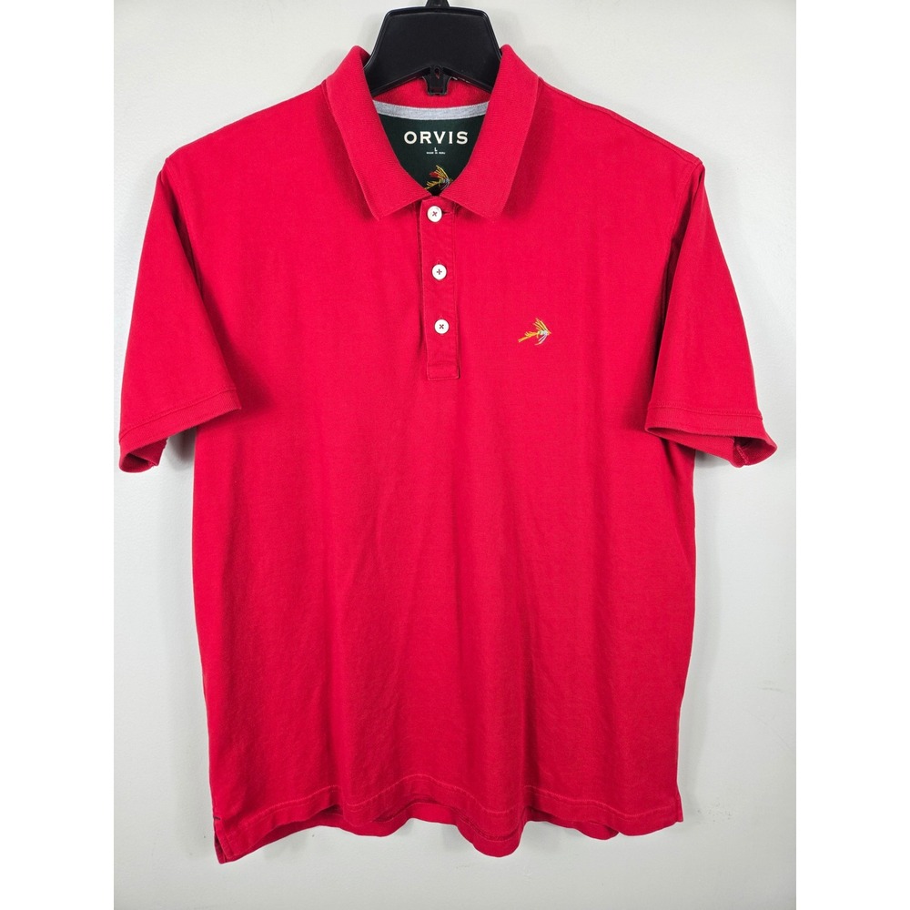 Orvis Mens Red Pima Cotton Stretch Short Sleeve Fishing Fly Logo Polo Shirt L